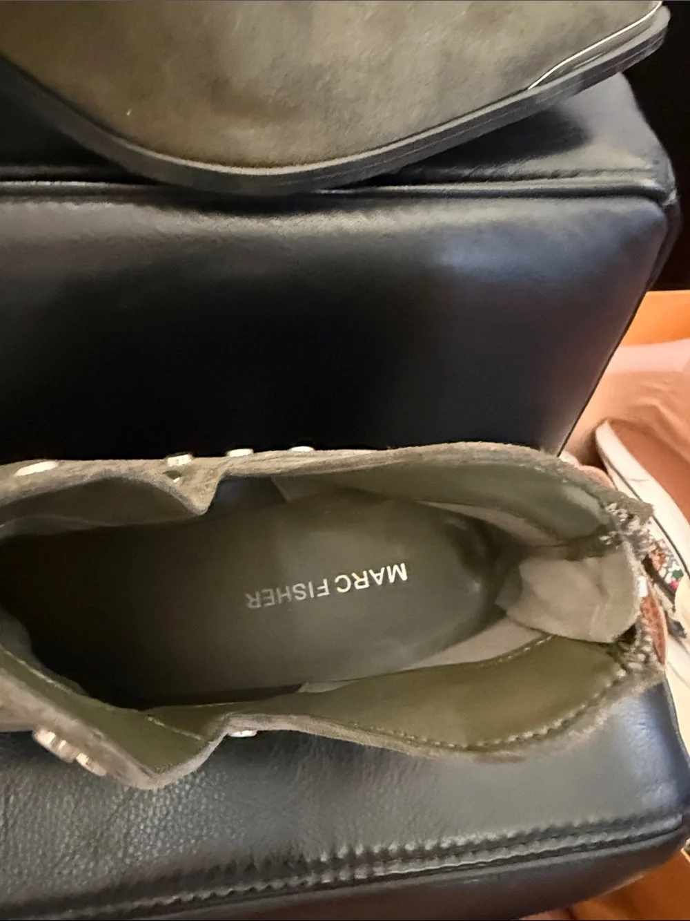 Marc Fisher Olive Suede Studded Pointed-Toe Booties